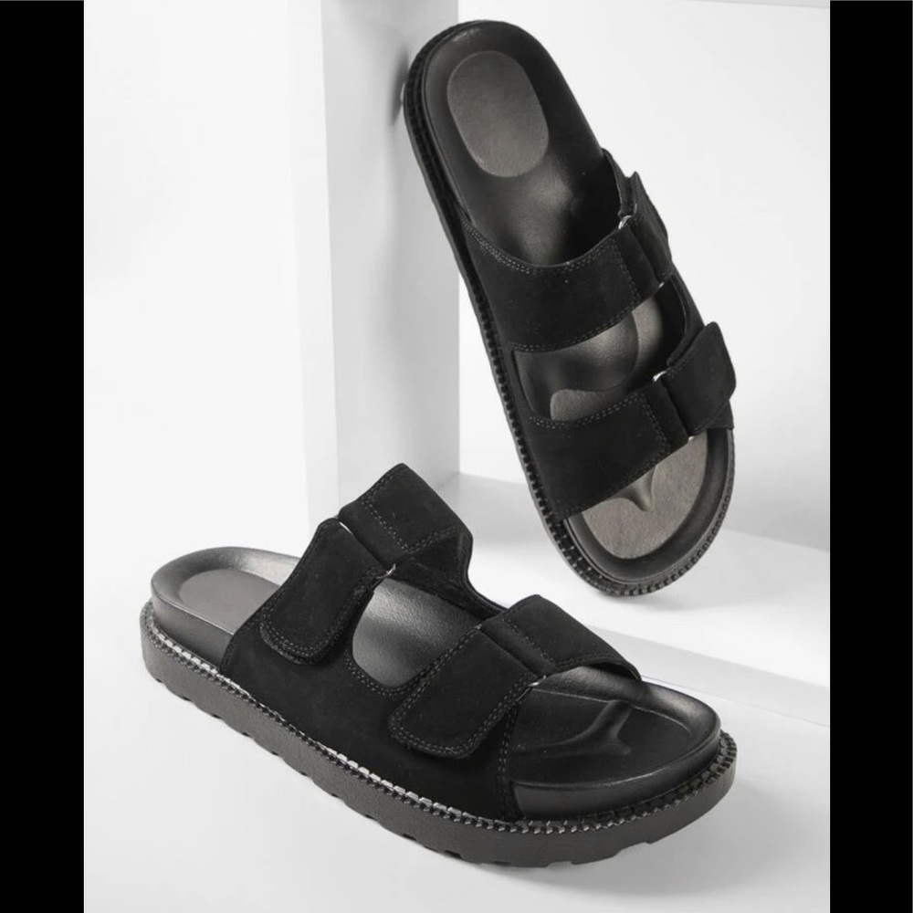 Faux Leather Double Buckle Slide Sandals